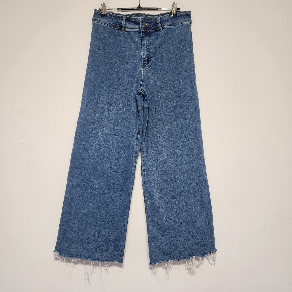 Tractr Cropped Jeans 27" Inseam Raw Hem Patch Pockets High Waist Wide Leg 4